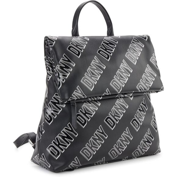 DKNY Women\'s Tilly Logo Foldover Backpack - Black, White NWT